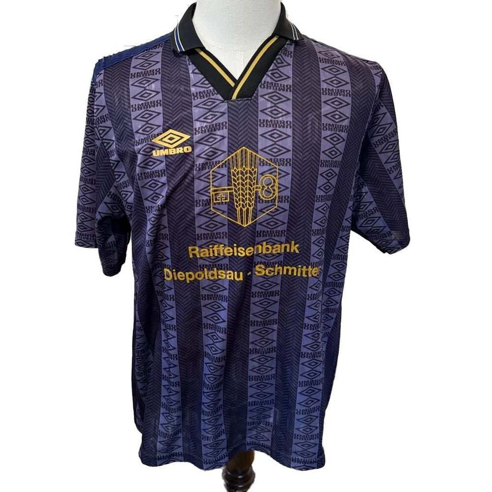Vintage Umbro Raiffeisenbank Diepoldsau-Schmitter Swiss Soccer Jersey Navy - Picture 1 of 5